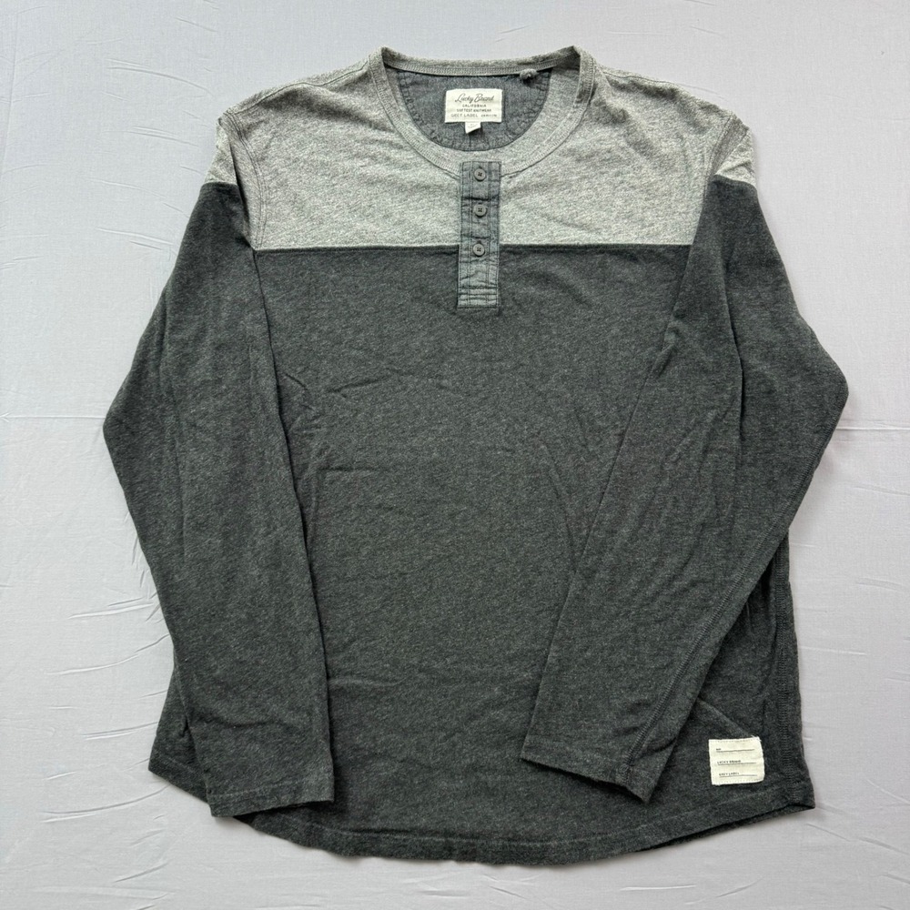 Lucky Brand Grey Label Henley Shirt Men XL Long Sleeve Color Block Charcoal Gray
